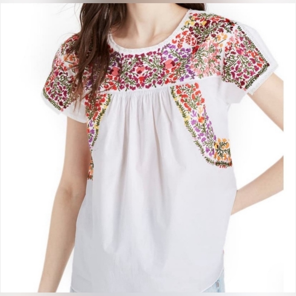 Madewell Embroidered Cotton Peasant Top Size XXS White Multicolor Floral